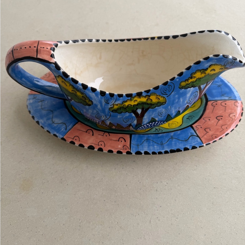 Vintage Penzo By Shuva  Hand Painted Gravy Boat W/ Underplate Made In Zimbabwe